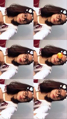 multiple pictures of a woman with glasses on her face and hair in different positions,