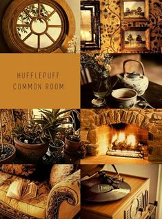 a collage of different rooms with fireplaces and pictures on the wall above them