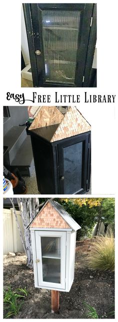 three pictures showing different types of small houses in the yard and on the front, there is a free little library