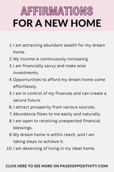 a pin that says in a large font Affirmations for New Home Manifest A Home Spell, Manifest An Apartment, Manifesting Apartment Affirmations, Affirmations For New Apartment, Manifest Dream Home Affirmations, Manifesting Dream Apartment, Affirmations For Home, House Manifestation Affirmations, Manifestation New Home