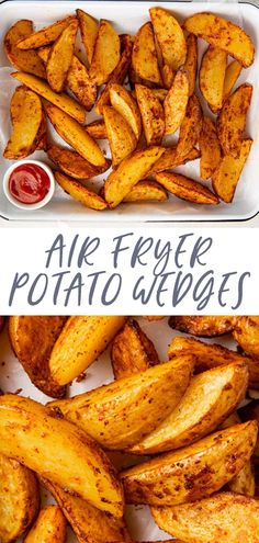 air fryer potato wedges with ketchup on top and in the bottom