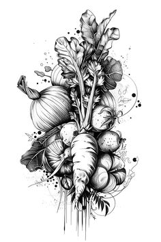 a bunch of vegetables that are on top of each other in black and white ink