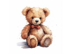 a watercolor painting of a teddy bear with a bow tie on it's neck