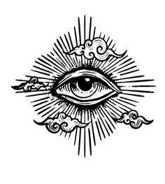 an all seeing eye with clouds and sun rays in the sky, on a white background