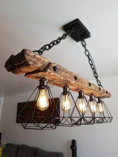 the light fixture is made out of wood and metal