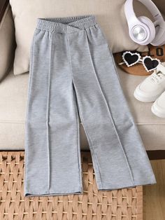 Grey Casual Collar  Polyester Plain Straight Leg Embellished Slight Stretch  Young Girls Clothing Gray High-waist Drawstring Pants, Gray High-waisted Pants With Elastic Waistband, Gray Wide-leg Bottoms With Ribbed Waistband, Gray Full-length Bottoms With Ribbed Waistband, Gray Full-length Sweatpants With Elastic Waistband, Sport Pants, Maternity Bag, Daily Wear, Elastic Waist