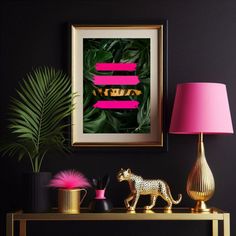 a gold table topped with a pink lamp next to a painting