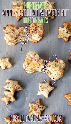 homemade apple, cheddar and bacon bite dog treats on a wooden table with text overlay