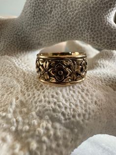 Beautiful 10K Heavy Victorian Floral Wide Band Ring Size 5. 1cm high band 1mm thick Hand chased floral detail.  hallmarks: none present X-RAY tested at 14k 6.4g Heirloom Style 14k Gold Flower Ring, Ornate Gold Signet Ring For Anniversary, Heirloom 14k Gold Flower Ring, Heirloom Gold Flower Ring, Heirloom 14k Flower Ring For Anniversary, Heirloom Style Thick Band Engraved Gold Ring, Heirloom Engraved 14k Gold Flower Ring, Heirloom Engraved Ring With Thick Gold Band, Heirloom Thick Band Engraved Gold Ring