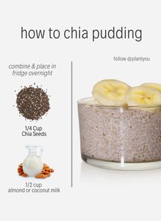 the ingredients for chia pudding in a glass bowl with information about how to use them