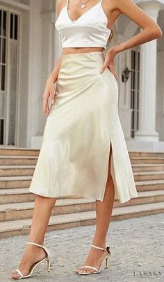 Lasaky - Solid Color High-Waisted Satin Midi Skirt with Side Slit Satin Midi Skirt, Brown Outfit, 50's Dress, Types Of Skirts, Beach Dress, Olivia Mark, A Line Skirt, A Line Skirts, Floor Length