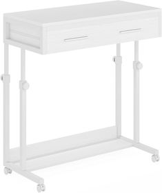 a white desk with two drawers and wheels on the bottom, against a white background