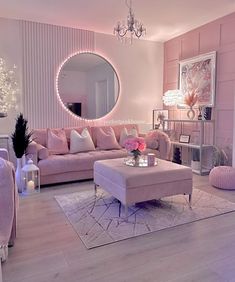 a living room filled with furniture and a round mirror