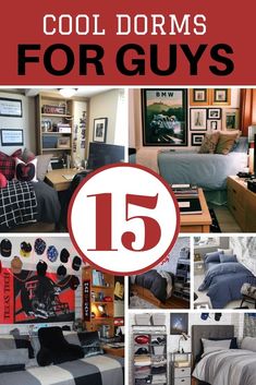 collage of dorm room decor with the text cool dorms for guys