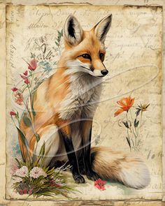 a painting of a fox sitting on top of a piece of paper with flowers around it