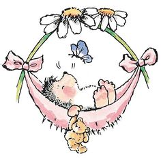 a drawing of a baby in a hammock with daisies on the side