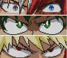 the cross stitch pattern for an anime character with green eyes and red hair is shown