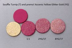 three different colors of glitter on top of each other, one pink and one yellow