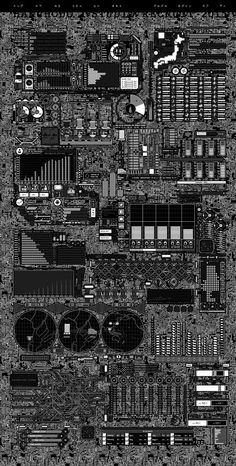 a computer motherboard with many different parts in black and white, as well as the cpu