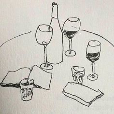 a drawing of wine glasses and napkins on a table