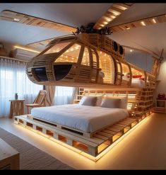 a bed made out of wooden pallets in a room with lights on the ceiling