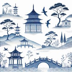 a blue and white wallpaper with pagodas, trees, water and birds on it