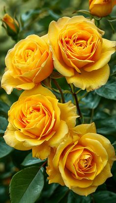 three yellow roses are blooming in the garden