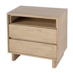 a wooden nightstand with two drawers on one side and an open drawer on the other