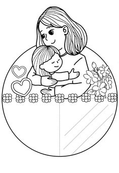 a woman holding a child in her arms with hearts and flowers on the table coloring page