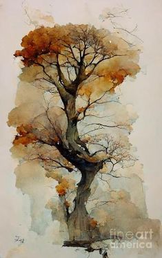 a watercolor painting of a tree with orange leaves