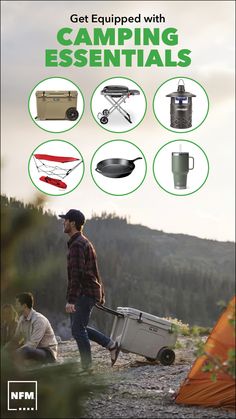 an advertisement for camping essentials with the words get equipped with camping essentials