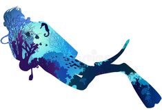 the silhouette of a scuba diver in blue and purple colors royalty illustration