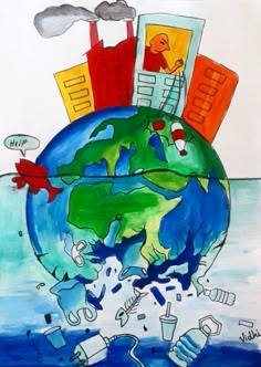 a drawing of the earth with buildings and trash on it's side, surrounded by water