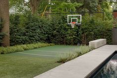 a backyard with a basketball court and water feature in the back yard, surrounded by greenery