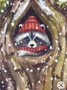 a painting of a raccoon wearing a red knitted hat in a hollow