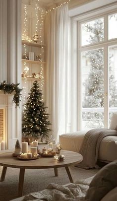 a living room filled with furniture and a christmas tree next to a fire place in front of a window