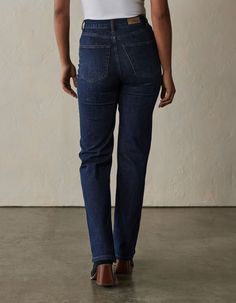 Timeless style and comfort. Crafted from 11.1oz denim in an indigo medium wash, this jean has subtle stretch and a soft classic hand-feel. With a hi-rise waist and straight fit through the leg, they offer a flattering silhouette for everyday wear. We're going back to basics with details; traditional 5-pocket jean styling and contrast color stitching. Perfect for any occasion and can be paired with your favorite tops and shoes to take on whatever your day brings. Dark Wash Straight Silhouette Denim Jeans, Dark Wash Straight Leg Rigid Denim Jeans, Dark Wash Relaxed Fit Jeans With Standard Cut Leg, Dark Wash Relaxed Fit Jeans, Dark Wash Straight Denim Jeans, Classic Dark Wash Cropped Denim Jeans, Classic Dark Wash Cropped Jeans, Classic Dark Wash Flare Jeans For Everyday, High Rise Dark Wash Relaxed Fit Jeans