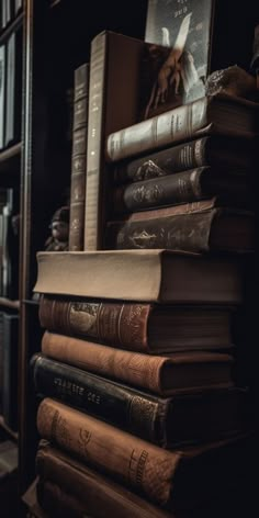 a stack of books sitting on top of a wooden shelf