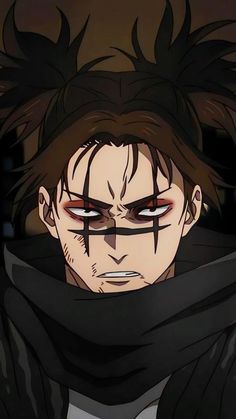 an anime character with black hair and red eyes wearing a scarf over his head, staring at the camera