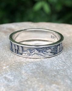 Sterling Silver Sun with Mountains and Trees Ring | The Life Divine The perfect ring for lovers of the outdoors and nature. Ring Band measures just over 3/16" H Rock Climbing Jewelry, Guys Rings Aesthetic, Granola Rings, Men’s Silver Rings, Men With Rings, Men’s Accessories, Men’s Ring, Men’s Rings, Men’s Jewelry