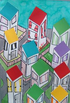 a painting of houses with different colors on them