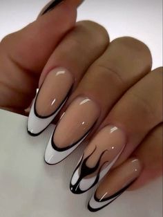 Black Acrylics Almond Shape, Almond Nail Black Design, Prom Nails Acrylic Red And Black, Black With White Nails, Cool Nail Inspo Dark, Nail Designs With French Tip, French Tip Style Nails, Acrylic Nail Designs French Tip, Cool Almond Nails