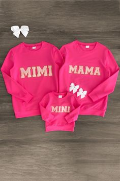 You, grandma and your little girl will be so cute matching in these "Mimi, Mama & Mini" Pink Chenille Patch Tops. The pink tops feature a sweet saying on the front and come in adult and child sizes. Shop today! Mimi Life, Flannel Skirt, Patch Ideas, Patch Top, Sparkle In Pink, Top Reads, Chenille Patch, Diy Sweatshirt, Green Flannel