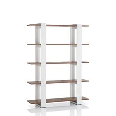 a white bookcase with three wooden shelves