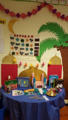 a blue table topped with lots of books next to a wall covered in pictures and decorations