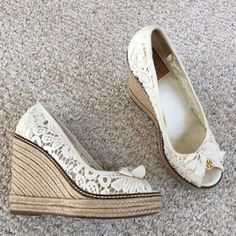 A Pair Of Tory Burch Lace Wedges In A Women’s Size 8. Worn Once, In Great Condition, See All Pics For Details. Questions? Leave A Comment Below. Thanks And Happy Poshing! Don’t Forget, The More You Bundle With Me- The More You’ll Save! Shoe Inspo Heels, 2000s Heels, Lace Espadrilles, Lace Wedges, Wedges Heels, Shoe Wishlist, Wedges Shoes, Summer Heels, Fancy Shoes