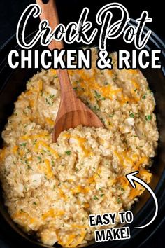 an easy crock pot chicken and rice recipe in a skillet with a wooden spoon