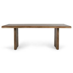 a wooden table with metal legs on a white background