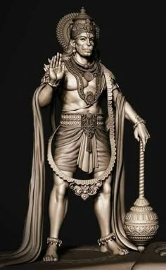 a statue of a man holding a pot and standing in front of a black background