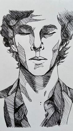 a black and white drawing of a man's face with his hair pulled back